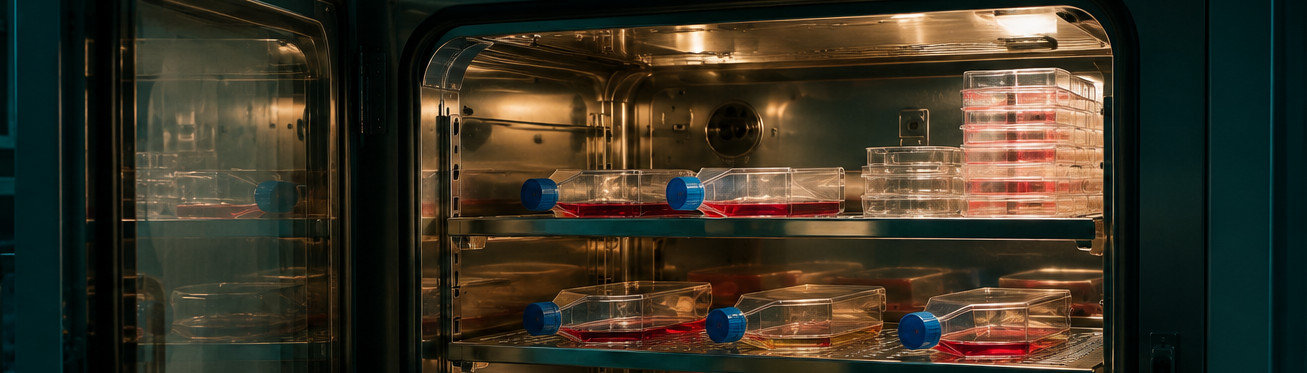 AI-generated illustrative image: an opened incubator with culture flasks