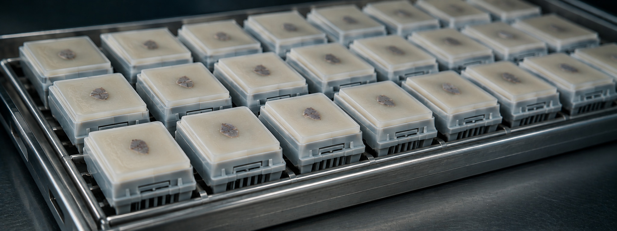 AI-generated illustrative image: finished paraffin blocks in cassettes, in a metal rack